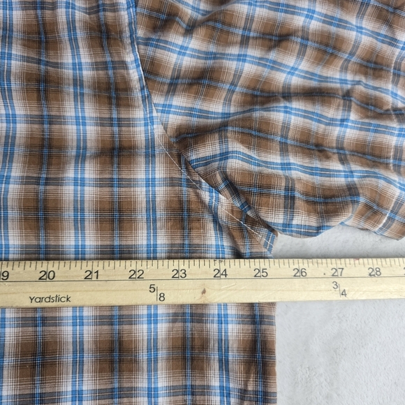 Wrangler Pearl Snap Button Up Short Sleeve Western Plaid Shirt Brown Blue - Picture 5 of 7